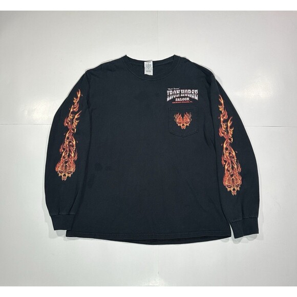 Anvil Other - Vintage Iron Horse Saloon Bike Week 2008 Skull Flame Long Sleeve T-Shirt Men’s L